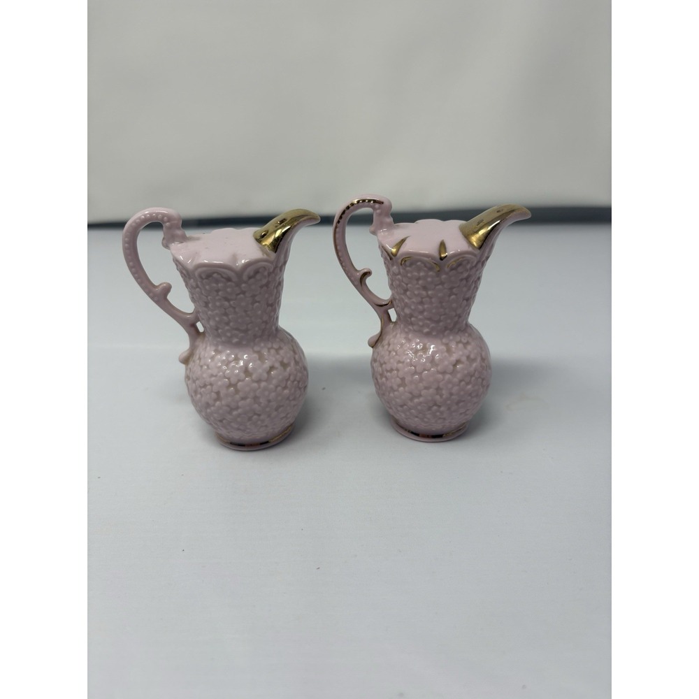 Vintage Pink Gold Pitcher Case Salt & Pepper Shakers 1950's Wooden Cork MCM